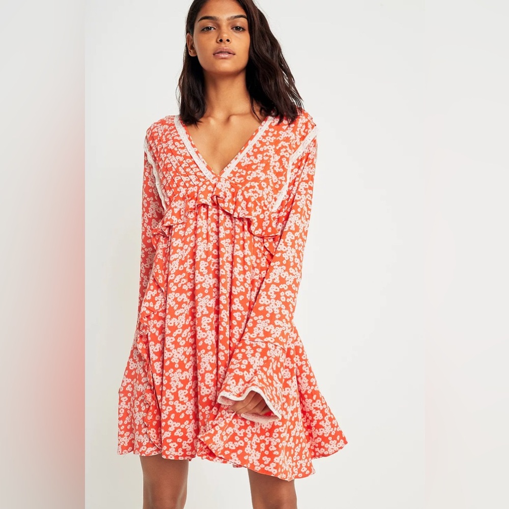 Free People Orange Floral Flowy Bell Sleeve Tunic Dress